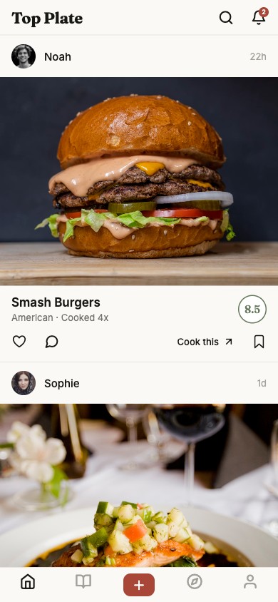 The Top Plate feed, showing a friend's smash burgers with a 8.5 rating