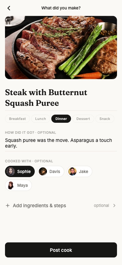 Logging a cook: naming the dish, picking the meal, and tagging who cooked with you